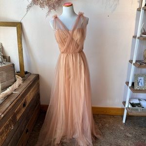 Rose gold tulle dress with shoulder bows